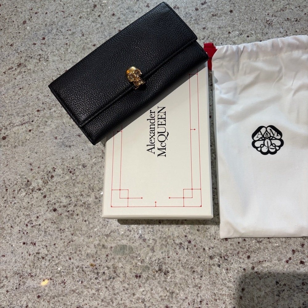 Alexander McQueen Black Wallet with Gold Skull Accent